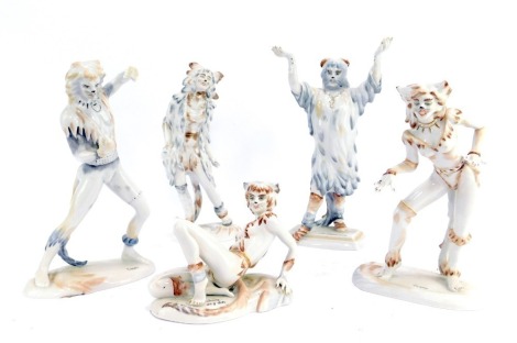 A set of five Wallendorf German porcelain figures, from the stage play Cats, comprising Victoria, Tugger, Grizabella, Old Deuteronomy, and Anydots.