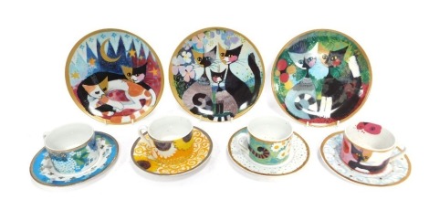 A group of Bradford Editions Rosenna Wachhtneister ceramics, comprising four coffee cups and saucers, and three collectors plates, 20cm diameter, each decorated with flowers and stylistic cats, printed marks.