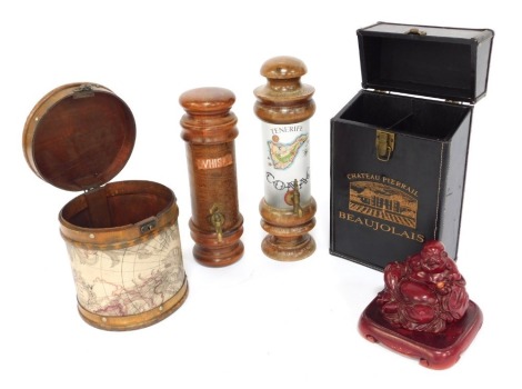 Various wine bottle cases, to include a pressed leather case for Chateau Pieriaail, two whisky dispensers, figure of Buddha, etc. (a quantity)