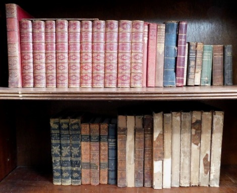 A group of 19thC and later leather bindings, to include Grote (George). A History of Greece, various bindings, gilt half calf and marbled boards, Trimmers's Sacred History, Vol II, Theatre de Madam, etc. (1 shelf)