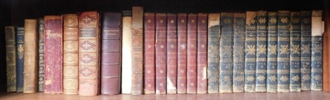 19thC and later leather bindings, to include Sayings and Doings, Or Sketches from Life, Vols I to III, published by Henry Colburn, London 1825, Poetic Works of Longfellow, Tennyson, etc. (1 shelf)