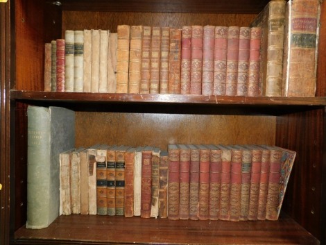 19thC and later leather bindings, to include Paleys Evidence, Philosophy, etc, History of Greece, Vol III, Shakespeare's Comedies, etc. (2 shelves)