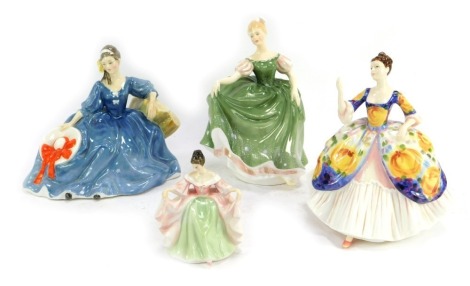 Four Royal Doulton porcelain figures, modelled as Pretty Ladies Christine, HN4930, Elyse, HN2429, Michelle, HN2234, and Sara, HN3219.