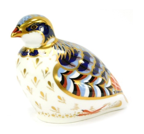 A Royal Crown Derby porcelain Red Legged Partridge paperweight, silver stopper, red printed marks.