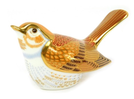 A Royal Crown Derby porcelain Nightingale paperweight, gold stopper, red printed marks, boxed.