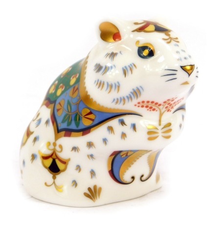 A Royal Crown Derby porcelain hamster paperweight, silver stopper, red printed marks.