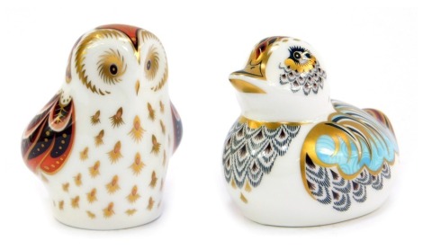 Two Royal Crown Derby porcelain Collectors Guild paperweights, comprising Owlet and Duckling, gold stoppers and red printed marks, boxed.