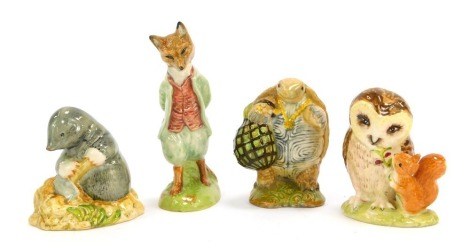 Four Royal Albert Beatrix Potter pottery figures, comprising Old Mr Brown, Mr Alderman Ptolemy, Diggory Diggory Delvet, and Foxy Whiskered Gentlemen.