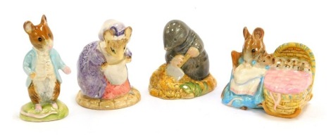 Four Beatrix Potter pottery figures, comprising Beswick Johnny Town Mouse, Diggory Diggory Delvet, and Hunca Munca, together with Royal Albert Lady Mouse Made a Curtsey.