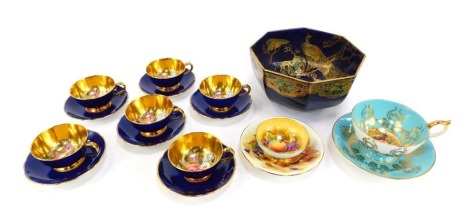 A group of ceramics, comprising a Masons Ironstone octagonal bowl, decorated internally with peacocks, etc., gilt heightened, blue glaze, 19cm wide, together with a set of six Paragon china coffee cups and saucers, etc.