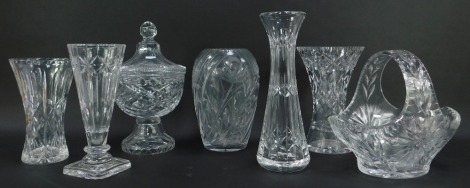 A group of cut glassware, to include vase of waisted form, 24cm high, bonbonniere and cover, 30cm high, basket, 22cm high, etc.