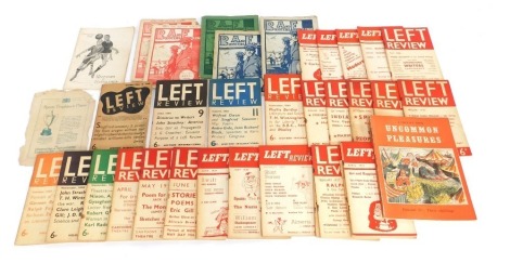 A group of printed ephemera, comprising five Roosters and Fledglings magazines, dated September, October, August, and July (2) 1918, and another lacking cover, various editions from the 1930s of Left Review, and a contact book Uncommon Pleasures.