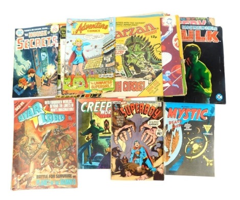 A group of DC and other comics, to include A House of Secrets, Gigantic Strange Adventures, The New Jimmy Olson, Action comics, Star Lord, Tarzan Weekly, Super Boy, Krazy comic, Plug, Iron Jaw, Kamandi, Creepy, etc.