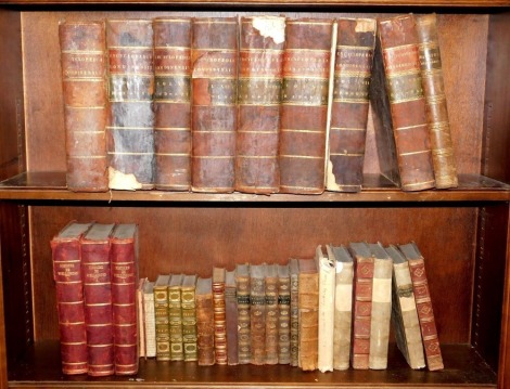 A group of 19thC and later leather bindings, to include Histoire de Wellington volumes 1-3, various editions of the Encyclopaedia Londinensis, works of Byron, Milton, Robert Browning, etc. (2 shelves)