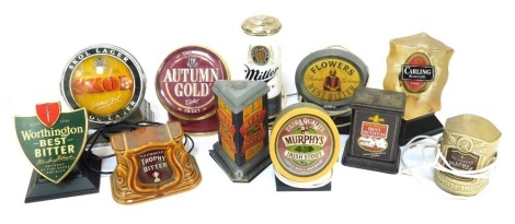 A collection of beer pump labels, to include Heineken, Taunton Autumn Gold Cider, Skol, Whitbread, Scotch, etc. (a quantity)