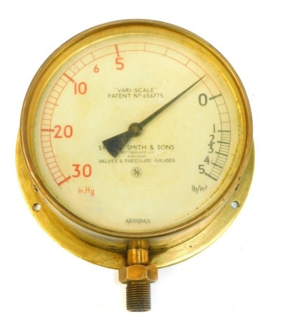 A Sydney Smith & Sons Nottingham Ltd brass cased valve and pressure gauge, the dial 18cm diameter.