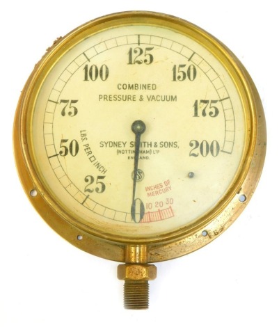 A Sydney Smith & Sons Nottingham Ltd brass cased combined pressure and vacuum gauge, the dial 18cm diameter.