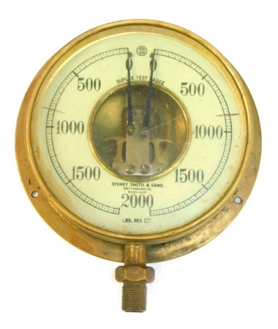 A Sydney Smiths & Sons Nottingham brass cased duplex test gauge, the dial 18cm diameter.