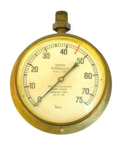 A John Mills & Co Railway Foundry brass cased super hydraulic steel tube gauge, the dial 15cm diameter.