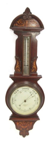 A late 19th/early 20thC mahogany and inlaid wall barometer, the circular enamelled dial, bearing the name J Lucking & Co, 37 Bond Street, Leeds, with mercury Fahrenheit and Centigrade, 80cm high.