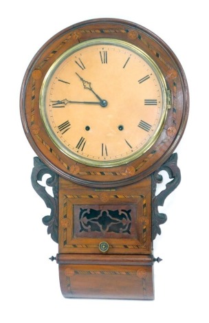 A late 19thC/early 20thC mahogany and inlaid drop dial wall clock, the circular enamel face bearing Roman numerals, eight day movement, the case 66cm high.