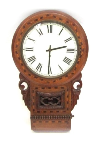 A late 19thC/early 20thC oak and inlaid drop dial wall clock case, with circular enamel dial bearing Roman numerals, and later Quartz movement, the case 63cm high.