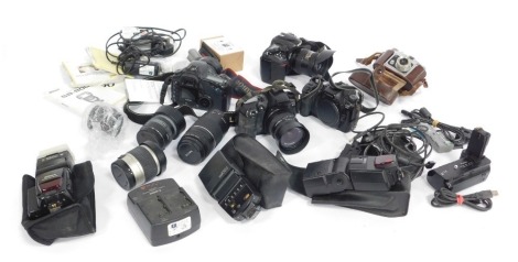 A group of cameras, including a Nikon D200 camera, Finetta camera, two Canon EOS D30 cameras, together with lenses, etc. (a quantity)