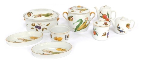 A collection of Royal Worcester Evesham pattern oven to table wares, including a casserole dish and cover, soup pot and cover, souffle dish, teapot and coffee pot, and a pair of oval dishes.