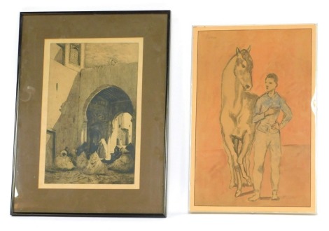 After David Donald (British, fl. C.1895-1925). The Basher at Prayer, etching, with blind stamp, 43cm x 28.5cm, and a print after Pablo Picasso (Spanish, 1881-1973) horse with a youth in blue, 54cm x 36cm. (2)