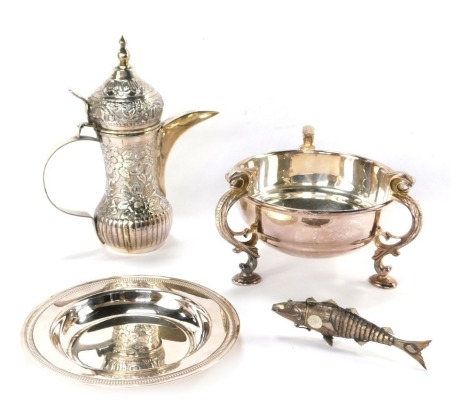 A Turkish coffee pot, of semi fluted form, embossed with flowers and scrolling leaves, white metal, 13.64oz, together with an articulated fish, Elkington silver plate bowl, raised on three leaf scroll feet, Christofle silver plated salver, engraved with t