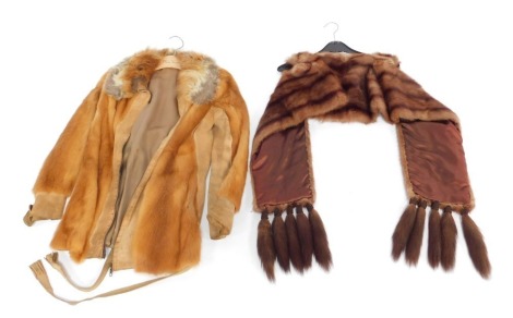 A mid century fox fur and suede jacket, with zip closure, underarm measurement 34cm, together with a mink stole.