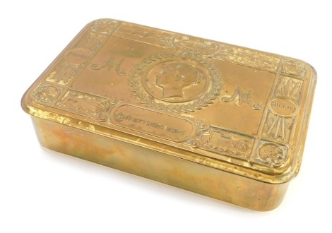 A World War One Princess Mary brass Christmas tin 1914, 13cm wide.