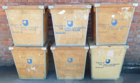 A set of six Open University Warehouse storage crates, of tapering form, 66cm high.