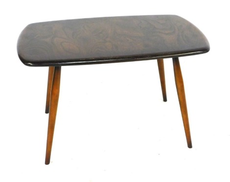 An Ercol style elm side table, rectangular top with a rounded edge, on four turned tapering legs, 45cm high, the top 73cm x 44cm.