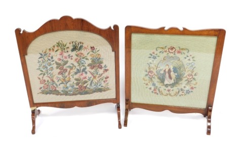 A mahogany framed fire screen, the shaped top above a floral and bird embroidered inset panel, on four splayed legs, 78cm high, and another similar.