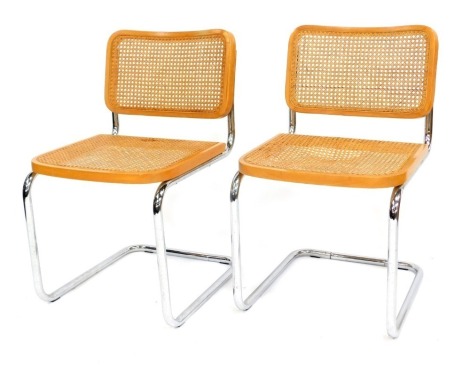 A pair of Habitat beech and chrome Sesca type chairs, in the manner of Marcel Breuer, with caned seats and backs, circa 1970s, 46cm wide. (AF)