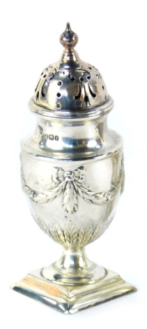 A Victorian silver pepper pot, on a shaped bowl with Neoclassical swag design, on a square foot, maker HA, Sheffield 1843, 12cm high, 2.44oz.