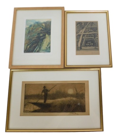 After Stanley Berkley (1855-1909). Man poling a punt, engraving, signed, 15cm x 30cm, together with Walter Dyke Carter, Saxon Barn Rivington Lancashire, signed engraving, exhibited at 1921 Royal Academy Exhibition, 17.5cm x 12cm, and after VA Hannan, Kill