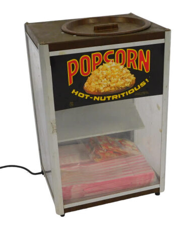 A mid century Gold Medal Products Company electric popcorn machine, 58cm high, 39cm wide, 32cm deep.