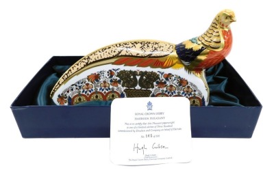 A Royal Crown Derby porcelain Harrods Pheasant paperweight, limited edition number 105/300, with certificate and box, 28cm wide.