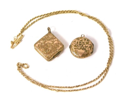 Assorted 9ct gold and other jewellery, comprising a 9ct gold rope twist neck chain, with barrel clasp, 47cm long, 3.9g, and two gilt metal lockets. (3)