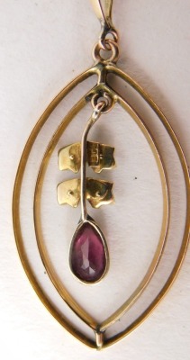 An Edwardian pendant and chain, the oval pendant of two bar outer design with a central seed pearl and amethyst drop, yellow metal stamped 9ct, 4cm high, on curb link neck chain, 40cm long, 3g all in. - 2