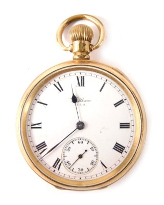 A Waltham USA gold plated pocket watch, with a white enamel Roman numeric dial with blue hands and seconds marker, the case bearing the initials RI, bezel wind.