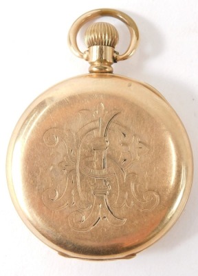 A Waltham USA gold plated pocket watch, with a white enamel Roman numeric dial with blue hands and seconds marker, the case bearing the initials RI, bezel wind. - 2