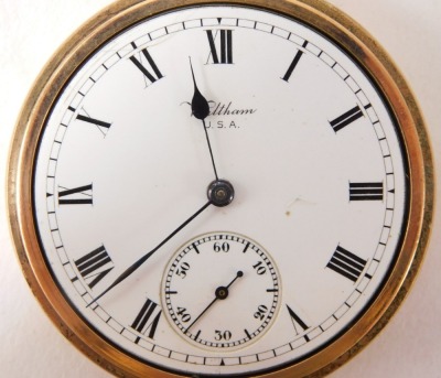 A Waltham USA gold plated pocket watch, with a white enamel Roman numeric dial with blue hands and seconds marker, the case bearing the initials RI, bezel wind. - 3