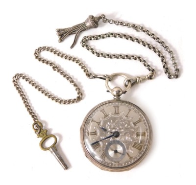 A George V silver cased pocket watch, with a heavily embossed Roman numeric dial with silver and gold markers, with seconds dial and blue hands, London 1919, silver curb link watch chain, 6.9g all in.