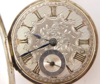 A George V silver cased pocket watch, with a heavily embossed Roman numeric dial with silver and gold markers, with seconds dial and blue hands, London 1919, silver curb link watch chain, 6.9g all in. - 3