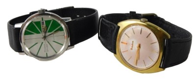 Two wristwatches, comprising a Bulova Spinnaker green wristwatch, serial number 3-349538, and numbered 2, on a later black leather strap, the dial 3cm diameter, and a Bulova gent's gold finish wristwatch, 3cm diameter. (2)