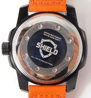 A Shield Pro Diver diving watch, with a black outer casing, and an orange second dial, 200 metre/660 ft, with date dial, on an orange leather strap, the dial 4.5cm diameter, boxed. - 3