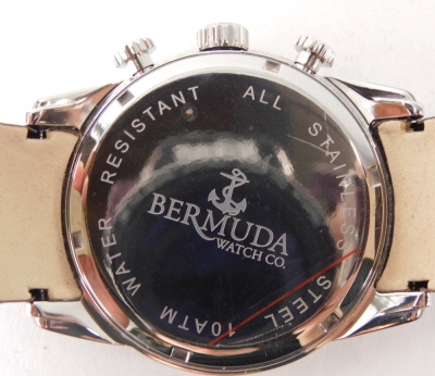 A Bermuda Watch Company diving watch, with a stainless steel case, with a black and blue dial, on brown leather strap, the dial 4cm diameter, in presentation box. - 3